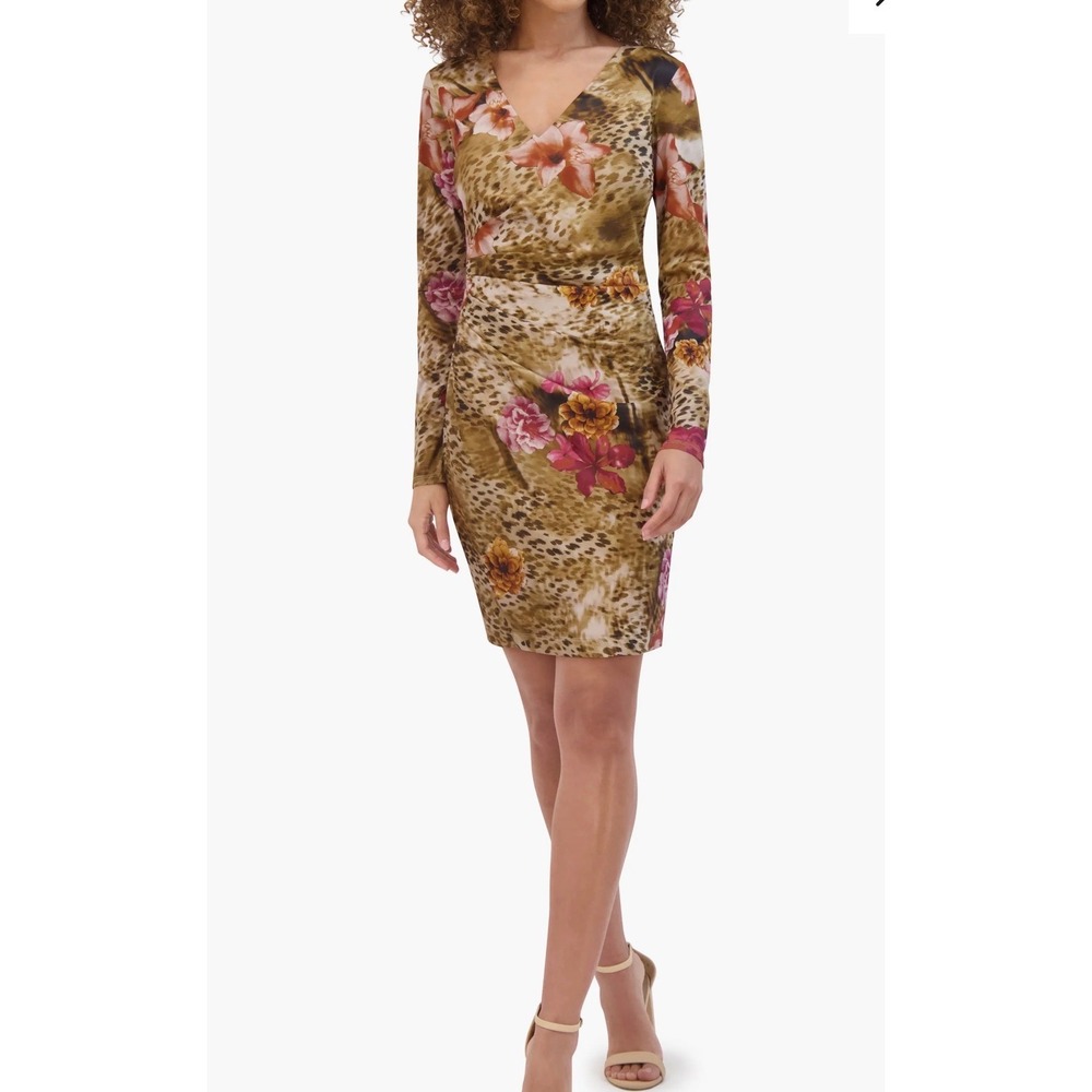 Floral Leopard Ruched bodycon Dress Brown Pink 10 y2k dainty party floral whimsi